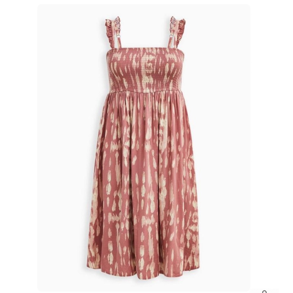 Torrid Midi Rose Bleached Tie Dye Challis Smocked Tiered Ruffle Strap Dress